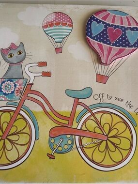 ‘Off to see the World’ cat on the bicycle canvas wall art w/3D hot air balloon
